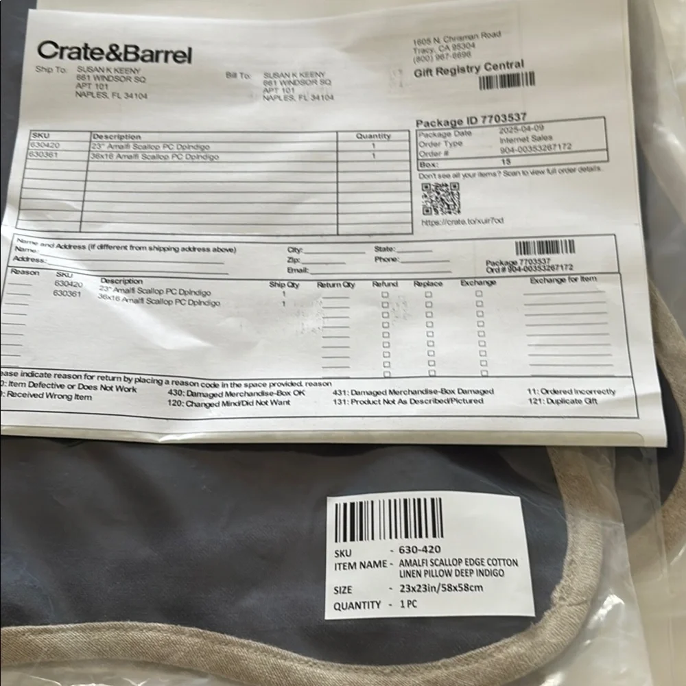 Crate&Barrel pillow cover, never out of the bag, changed mind; final sale